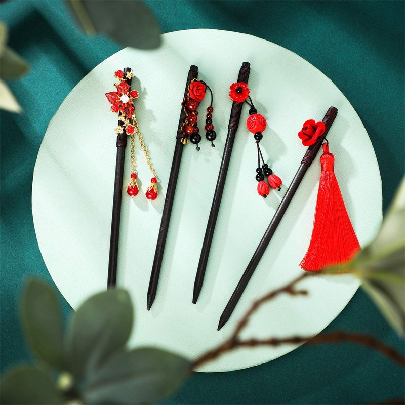 4 Pcs Retro Chinese Wooden Hairpins Japanese Hair Stick Vintage