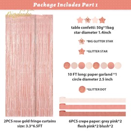 NICROLANDEE Wedding Decorations, Pack of 22 Rose Gold Foil Fringe Curtain Streamers Paper Lanterns Tissue Paper Pompoms for Bridal Showers, Valentine's Day, Girls and Women Pink Birthday Party