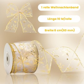 G2PLUS Snowflake Organza Ribbon with Wire, 6 cm Gold Snowflake Decorative Ribbon, 10 m Glitter Organza Gift Ribbon, Wide Christmas Snowflake Ribbon for Christmas Tree, Gift Packaging