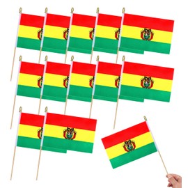 HSQCEZ 12Pcs Small Bolivia Flags on Wooden Stick Mini Bolivian Flag Hand Held Flag Decorations,5x8 Inch