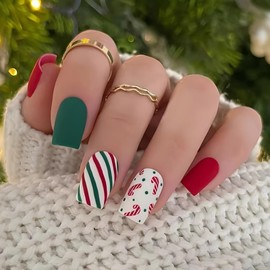 24Pcs Christmas Press on Nails, Short Square False Nails with Christmas Cane Pattern, Red Green Stick on Nails Full Cover Acrylic Nails Tips for Women Girls Decoration Nail Art