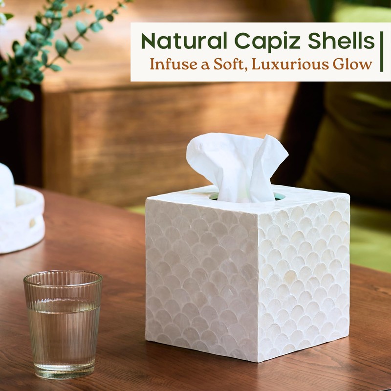 CHI AN HOME 5.9” Capiz Tissue Box Cover, Square Decorative