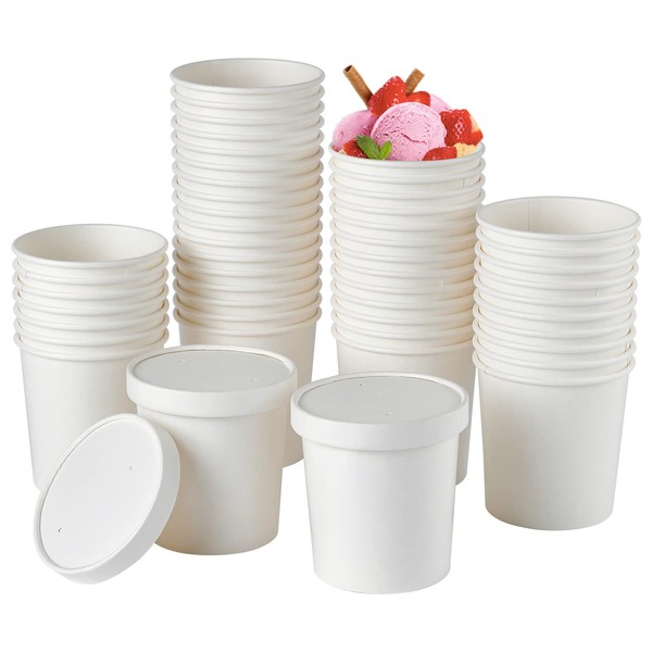 50pack 16oz Paper Soup Containers with Lids, Disposable Kraft Paper Food Cups, Ice Cream Cups, Paper food Storage with Lids, Microwavable and Freezer Safe, Suitable for Christmas Thanksgiving (White)
