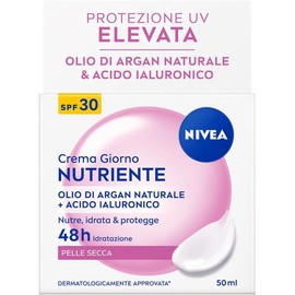 NIVEA Crema Giorno Nutriente SPF 30 50 ml, Crema idratante viso con Olio di Argan e Acido Ialuronico per 48h di idratazione intensa, Skincare con elevata protezione UVA/UVB SPF30 per pelle secca