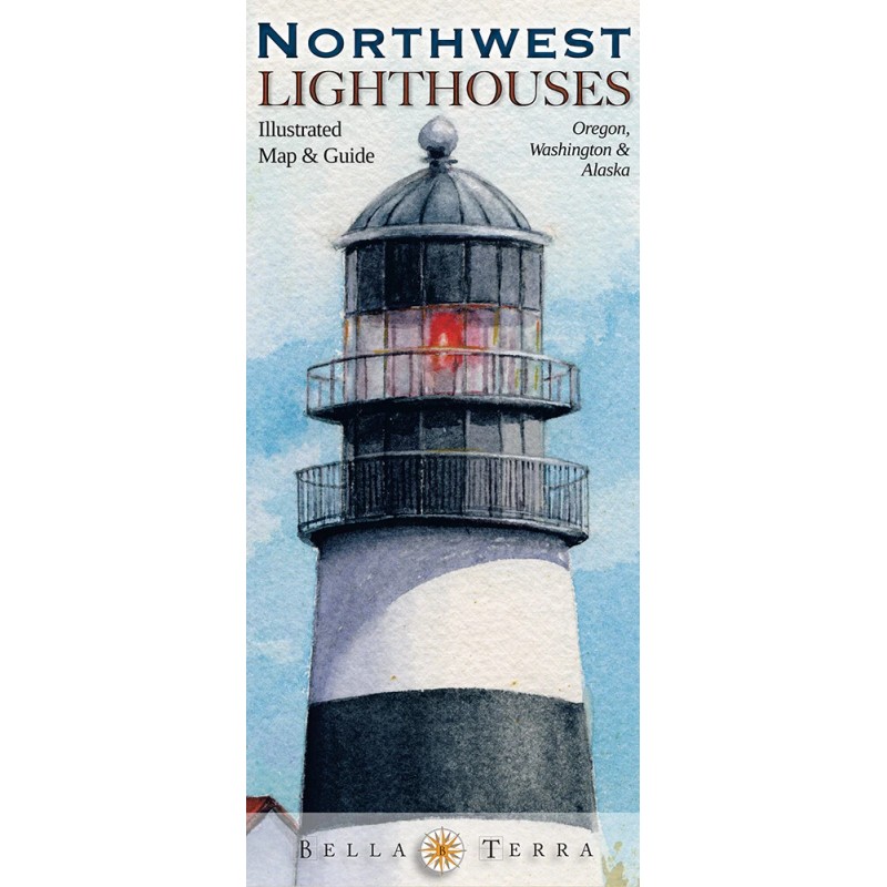 Pacific Northwest Lighthouses Illustrated Map Poster 24x36 Laminated. OR, WA,