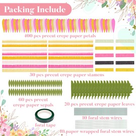 PLIGREAT Pre-Cut Crepe Paper DIY Craft Set with Instructions Tissue Paper Flower Stem Wire Green Flower Ribbon for Adults Flower Making Decoration for Weddings Birthdays