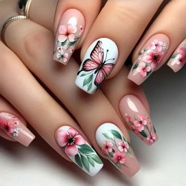 Unbranded 24pcs Ballet Press-On Nails, Medium Length, Glossy, Colorful Butterfly Design