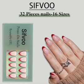Uñas Postizas Francesas, Uñas Postizas Cortas Almendradas Reutilizables, Uñas Rojas Brillantes, Uñas Postizas De Gel Suave Para Mujer, Kit De 32 Unida