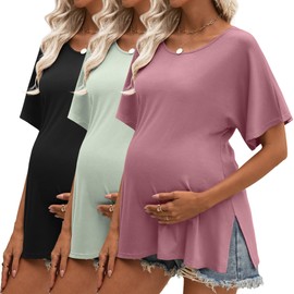 Riyiper 3 Pack Women's Maternity Tunic Shirts Cotton Summer Pregnancy Clothes Loose Oversized Split Side Blouse Tops(Pink, Gray Green, Black,X-Large)