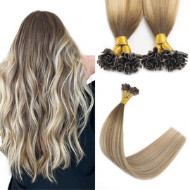U Tip Hair Extensions Real Human Hair 50 Strands 50g 20inch Balayage Ombre Walnut Brown to Ash Brown and Blonde Pre Bonded Hair Extensions Nail U Tip Hair Extensions #3/8/22 20inch