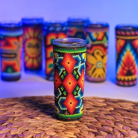 MEXTEQUIL Huichol Beaded Shot Glass – Art Chaquira with Xirarrika Deity Figures – Mexican Folk Art Gift (God’s Eye)