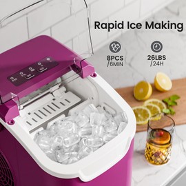 Kismile Ice Makers Countertop with Handle,8 Cubes in 6 Mins,Portable Ice Maker Machine with Self-Cleaning for Home/Office(Purple)