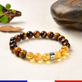 Attraction Zen Abundance and Prosperity Bracelet - 8 mm Certified Natural Stones - Tiger Eye from South Africa/Citrine from Brazil - AZ Stainless Steel Bead - Elastic Bracelet - Handmade, Stone,