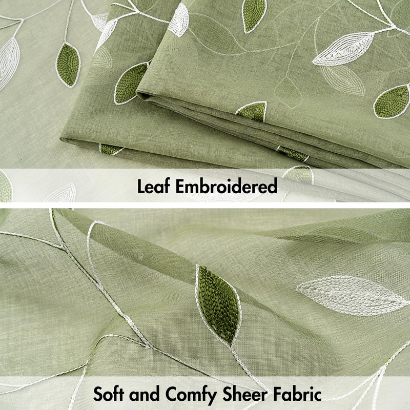 MIULEE Sage Green Sheer Curtains 2 Panels Embroidered Leaf Patterned