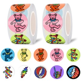 Babymiu Cute Pixel Dancing Bear Rock Dot Stickers Roll(1000 pcs) Rock Band Cartoon Sticker Decoration Decal Gifts Merch Party Supplies in 2 Rolls with 10 Patterns for Laptop Window Luggage Skateboard