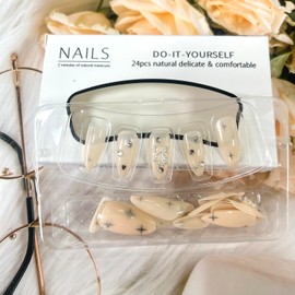 Press On Nails Medium French Tip Opaque Fake Nails Glitter Rhinstone 3D Bow Tie Design Acrylic Nails Full Cover Stars Artificial Nails Almond False Nails Glue on Nails for Women Nature Stick on Nails