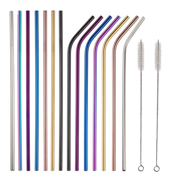 Different Size Aluminum Straws,14 PCS Extra Long 10.5 Inch Metal Drinking Straws With 2 Brushes, Environment-Friendly Straw For 30oz Tumblers,Beverage,Starbucks,Mason Jar (Long Straight&Bent)