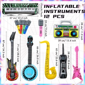 LaRandom Inflatable Instrument Party Props Toy Set 12 Pcs Inflatable Instruments and 6 Pcs Tinsel Wigs Blow up Guitar Saxophone Microphone Mobile Phone for 80s 90s Carnival Party