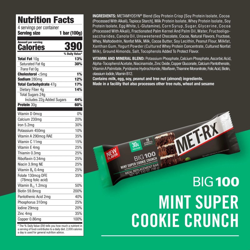 MET-Rx Big 100 Protein Bars, Mint Super Cookie CrunchBars, 4