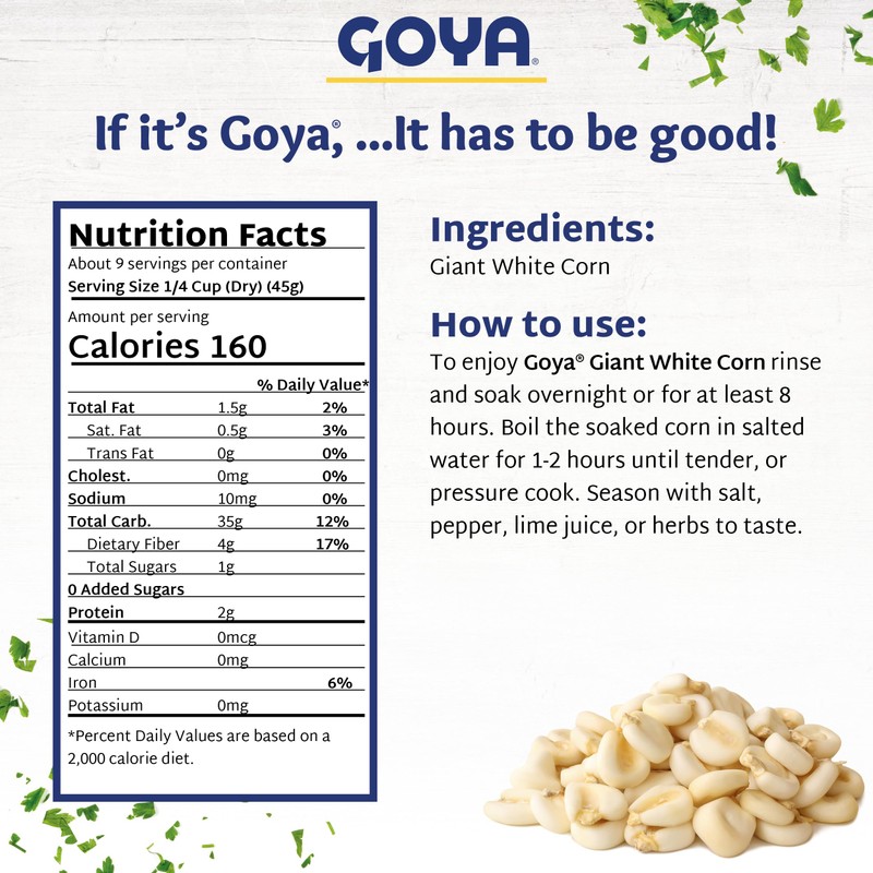 Giant White Corn by Goya, Whole White Hominy, Mexican Corn,