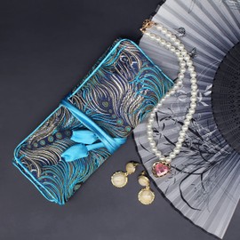 SmilerSmile Jewelry Travel Bag Embroidery Travel Jewelry Organizer with Tie Close Embroidered Flower Jewelry Roll for Women Girls (Feathers)