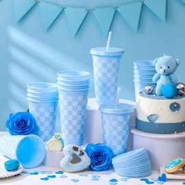 Skylety 16 Pack Gingham Party Supplies Plastic Drinking Cups with Lids and Straws Reusable Checkered Tumblers Cups Bulk for Silly Goose Party Supplies Birthday, Picnic,baby Shower(Blue)