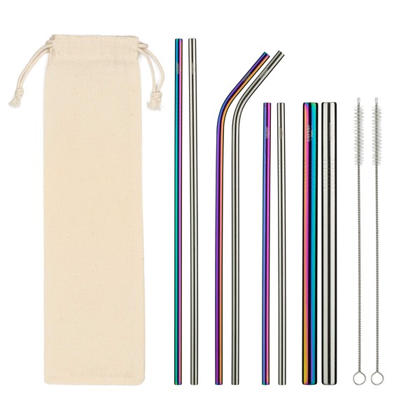 Stainless Steel Drinking Straws - COMPLETE Set - 8 straws, 2 Brush Cleaners & Travel Case - Eco Friendly - Straight & Bent PLUS Wide Smoothie/Boba Straws - Perfect For 20, 30oz. Yeti/RTC Tumblers etc.
