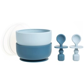 Sperric Silicone Baby Feeding Set - Infant Suction Bowls with Lids and Spoons | BPA Free Toddler Self Feeding Utensils for 0-6 Months, Blue