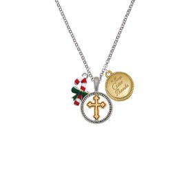 Delight Jewelry Silvertone Candy Cane with Green Bow Two-tone Give Thanks to God Cross Pendant Necklace, 23"