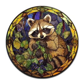 Lygond Metal Sign Tin Sign Circular Stained Glass Raccoon Minimalist Wall Art for Club 8×8 Inches