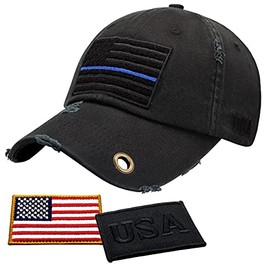 Antourage American Flag Hat for Men and Women | Vintage Baseball Tactical Hat Cap with USA Flag + 2 Patriotic Patches ((36) Black/Thin Blue Line with Keyhole)