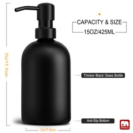 GMISUN Black Soap Dispenser, Dish/Hand Soap Dispenser with Matte Black Stainless Steel Pump, 15 fl oz/450ml Glass Soap Dispensers Set for Kitchen/Bathroom, Modern Refillable Liquid Lotion Dispenser