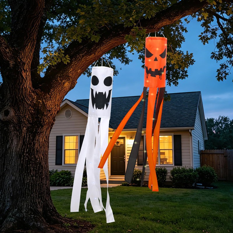 2Pcs Halloween Ghost Windsock with Lights Outdoor Decor