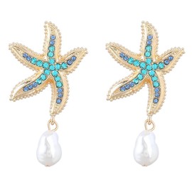 Starfish Shell Earrings for Women Gold Summer Beach Pearl Drop Dangle Blue Sea Star Dangle Earrings Ocean Jewelry