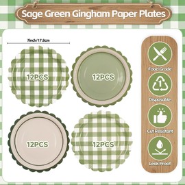 48PCS Sage Green Gingham Paper Dessert Plates - 7 Inch Disposable Scalloped Checkered Dinner Plates for Birthday Baby Shower Wedding Picnic Party Supplies, 4 Styles
