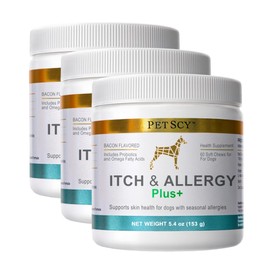 PetScy Itch & Allergy Plus Chews for Dogs Itchy Skin, Ears & Paws | Probiotics, Moringa & Turmeric | for Skin Redness, Hair Loss Gut & Digestive Health - Bacon Flavor - 60 Chews (Pack of 3)