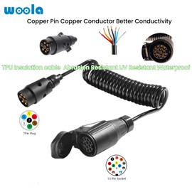 Woola 1.6m Trailer Extension Lead,12V Spiral Trailer Line 7pin Male Plug To 13pin Female Socket Trailer Board Extension Lead