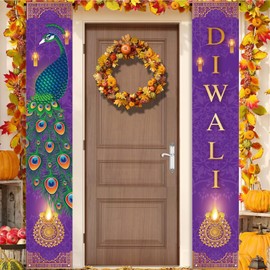Happy Diwali Porch Banner,Indian Diwali Peacock Front Door Porch Welcome Sign Deepavali Festival of Lights Decorations for Home Doorway-12×71'' (Purple 2)
