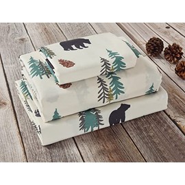 De Leon Collections Sunland Bear Pine Tree Evergreen Forest Sheet and Pillowcase Set - Size: Full/Double 4-Piece Sheet and Pillowcase Set