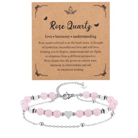Jovivi Rose Quartz Silver Heart Bracelet for Women Healing Crystal Beaded Layered Dainty Chain Bracelets Womens Gifts for Mum Birthday Presents
