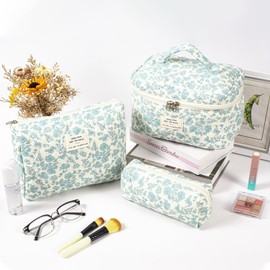 3 Pack Quilted Cotton Makeup Bag Puffy Cosmetic Pencil Pouch Large Capacity Flap Handheld Travel Cosmetic Bag Cute Coquette Floral Make Up Bag Organizer Aesthetic Toiletry Bag (3PCS-Blue-Flowers)