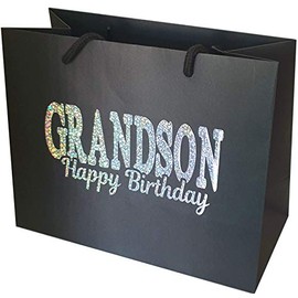 Grandson Happy Birthday Gift Bag - Holographic Glitter Gift Bag with Rope Handles and Tissue Paper - Grandson Birthday Ideas (Large)