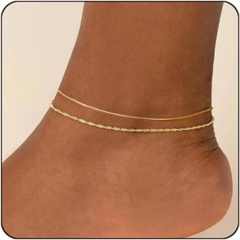 gold ankle bracelets for women waterproof, anklets layered thin snake chain herringbone non tarnish stainless steel dainty summer set gift - Color: GOLD-2501