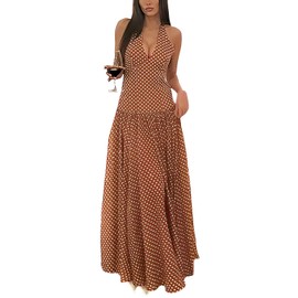 Lingt Chic Women's Polka Dot Halter Neck Sleeveless V-Neck Swing Summer Sundress Casual Retro Cocktail Party Dress