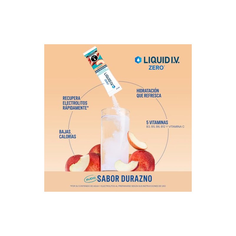 Liquid Zero Electrolitos Vitaminas Polvo Preparar Bebida Hidratante Sabor Durazno
