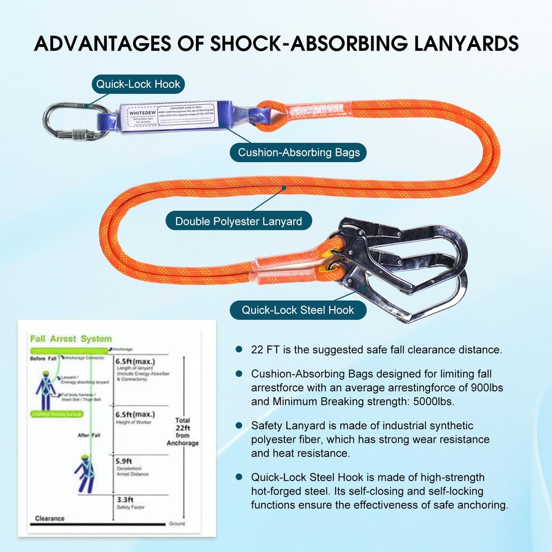 WHITEDEW Fall Protection Premium Safety Harness with Shock Absorbing Lanyard,