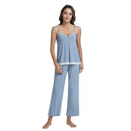 DREAMHALO Pajamas for Women Soft Cami Top with Pants Sleeveless Pajama Sets V Neck Sleepwear Viscose from Bamboo Pjs S-XXL Blue Ashes Medium