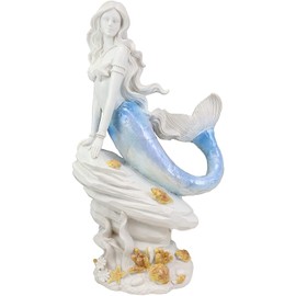 Ebros Gift Capiz Blue and White Gradient Nautical Ariel Mermaid Princess by Sea Coral Reef Starfish Statue Ocean Aquamarine Goddess Decorative Figurine (Mermaid Leaning Against Bedrock)
