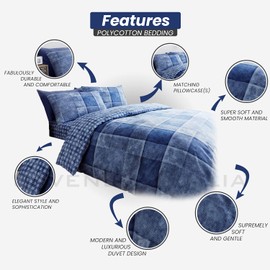 GC GAVENO CAVAILIA Denim Check Duvet Cover Set | Easy Care Reversible Single Geometric Pattern Bedding | Luxury Grid Pattern Quilt Cover Bedset With Pillowcase | Blue