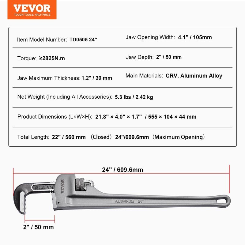 VEVOR Pipe Wrench, 24" Aluminum Straight Pipe Wrench, Adjustable Plumbing